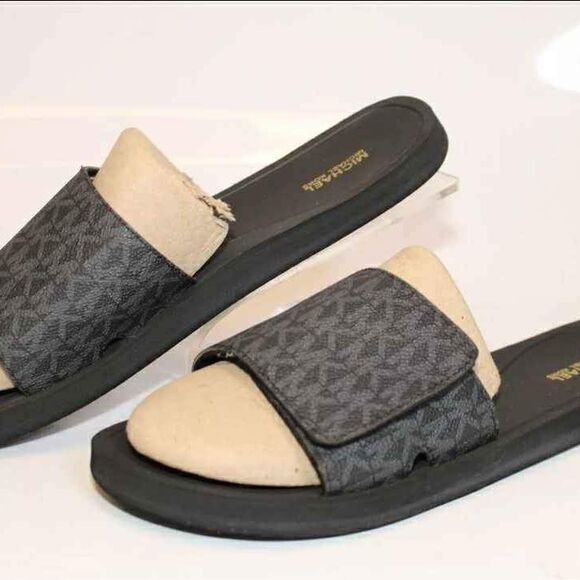 Michael Kors MK Designer Wade Womens 10 M Black Logo Canvas Sandals Slides Shoes - Picture 1 of 8